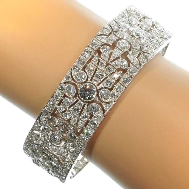 French Art Deco platinum diamond cuff bracelet with over 23 carats of brilliant